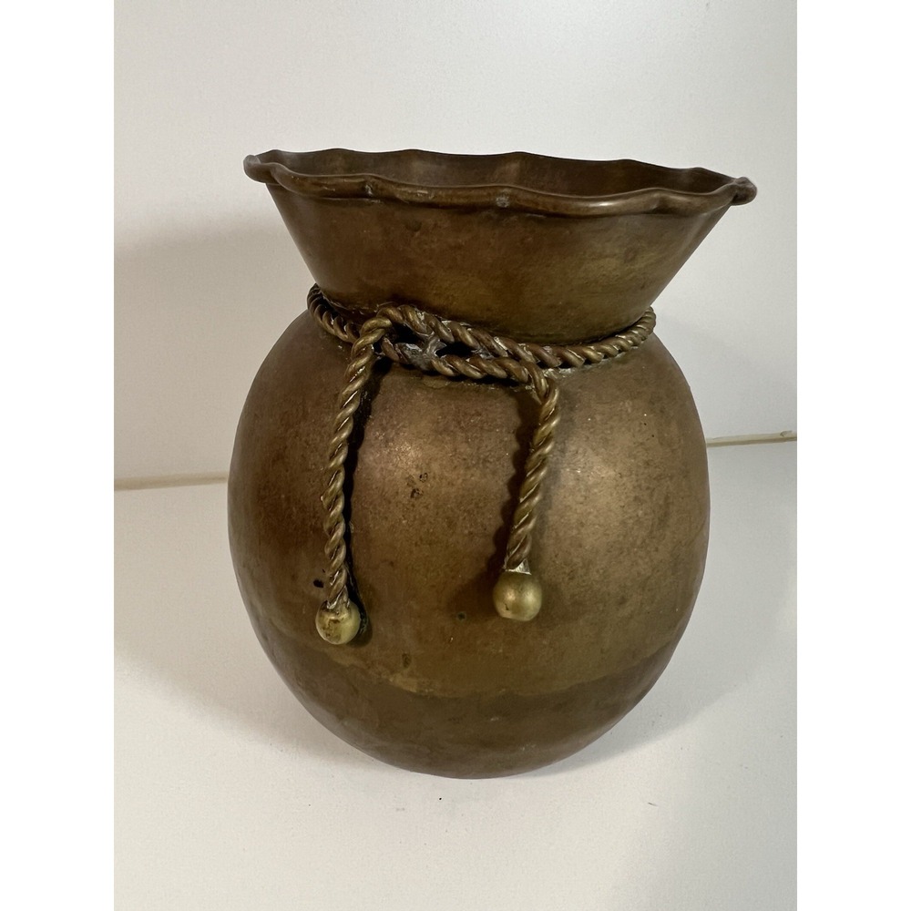Hammered Brass Vase Planter Decoration Twisted Rope Trim Made in India 6.5" VTG